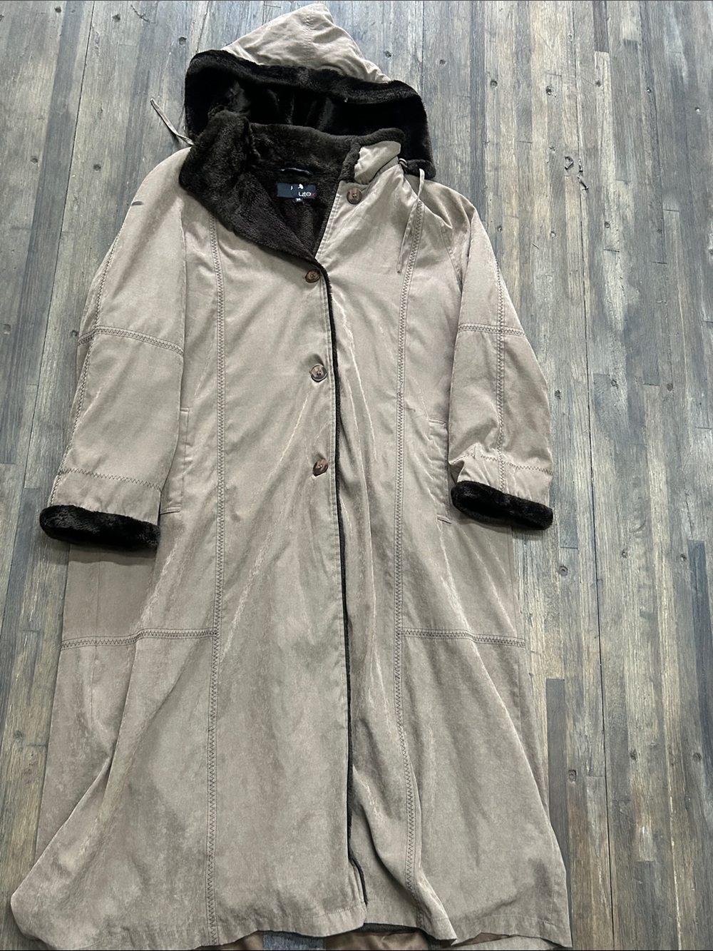 Utex Faux Suede Faux Fur Hooded Coat XL Long Winter Jacket Taupe Brown